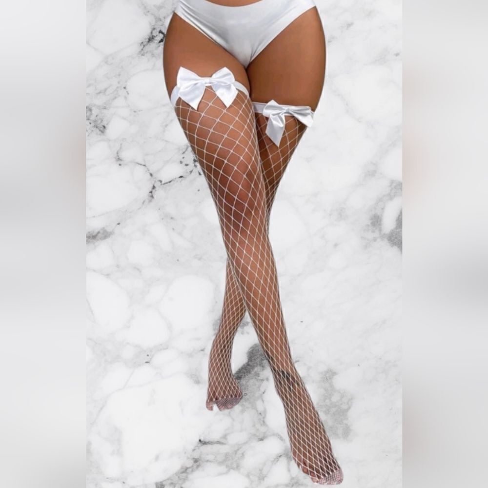 White Thigh High Fishnet Panty Hose Stockings with Bow Size OS